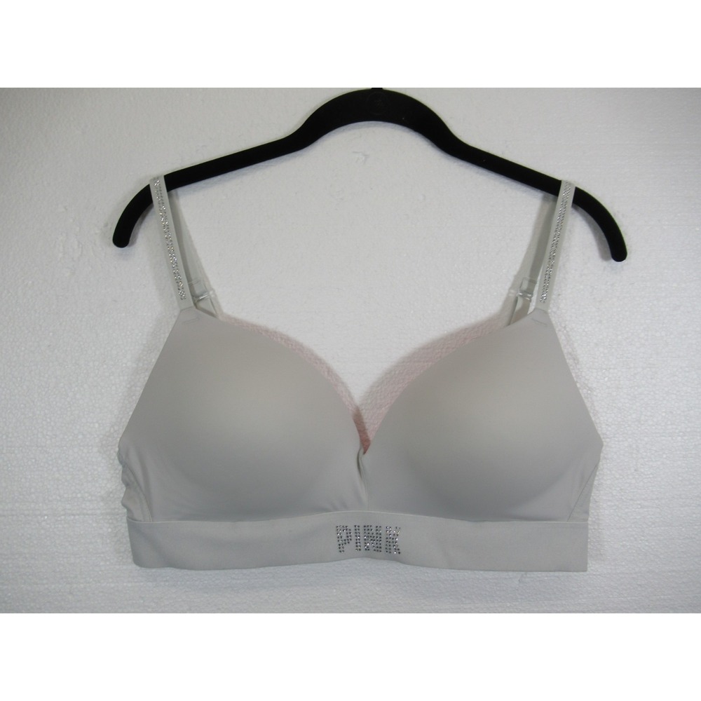 NEW Victoria's Secret PINK Rhinestone Push Up Bra 38C Gray Wireless Padded